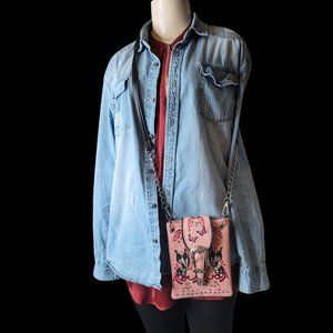 Western Tooled Leather Cowhide Mini Crossbody cell Phone smart mobile Purse